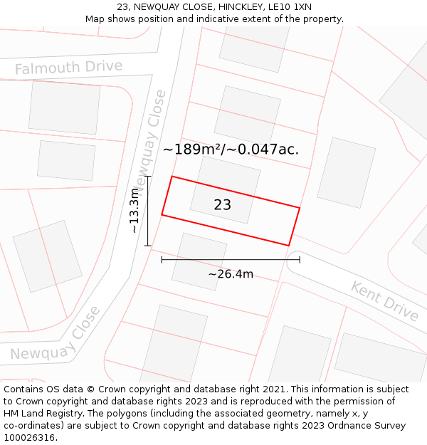 23, NEWQUAY CLOSE, HINCKLEY, LE10 1XN: Plot and title map