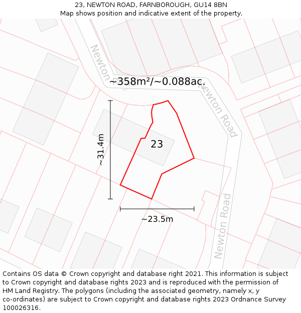 23, NEWTON ROAD, FARNBOROUGH, GU14 8BN: Plot and title map