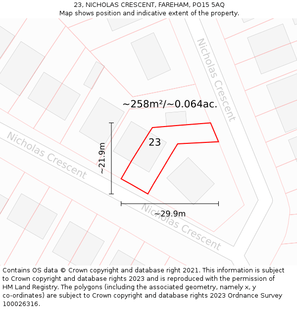 23, NICHOLAS CRESCENT, FAREHAM, PO15 5AQ: Plot and title map