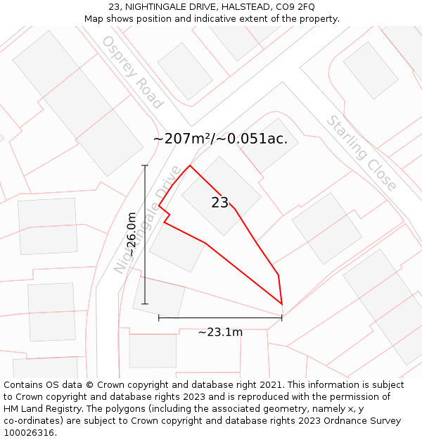 23, NIGHTINGALE DRIVE, HALSTEAD, CO9 2FQ: Plot and title map
