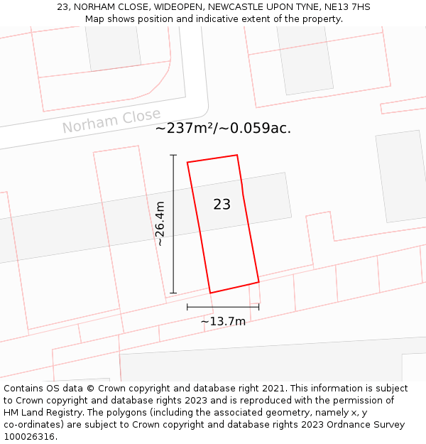 23, NORHAM CLOSE, WIDEOPEN, NEWCASTLE UPON TYNE, NE13 7HS: Plot and title map