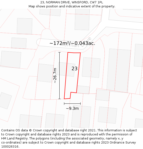23, NORMAN DRIVE, WINSFORD, CW7 1PL: Plot and title map
