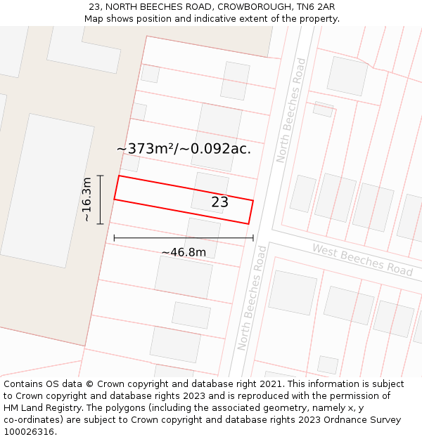 23, NORTH BEECHES ROAD, CROWBOROUGH, TN6 2AR: Plot and title map