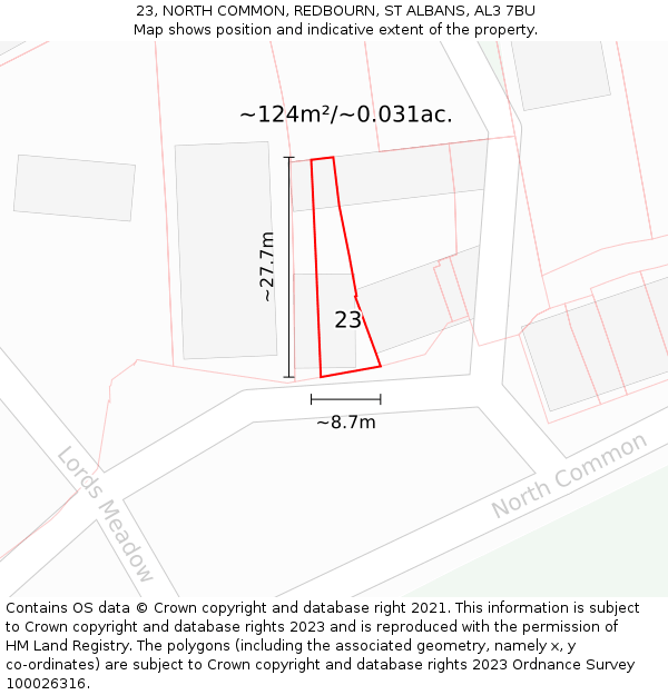 23, NORTH COMMON, REDBOURN, ST ALBANS, AL3 7BU: Plot and title map