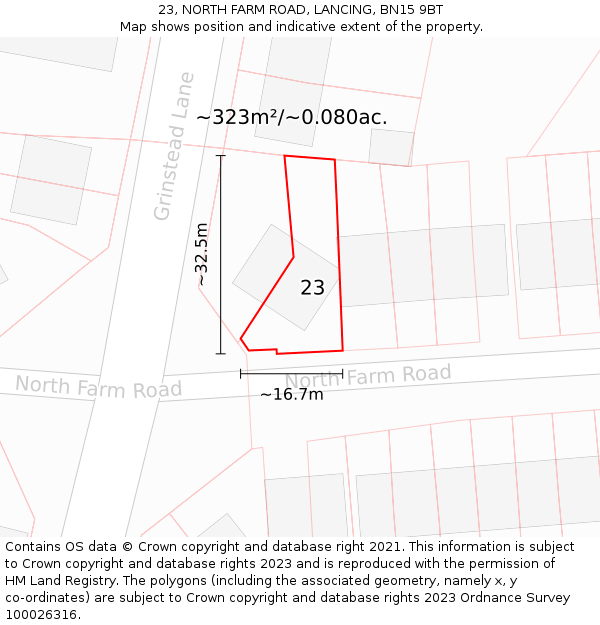 23, NORTH FARM ROAD, LANCING, BN15 9BT: Plot and title map