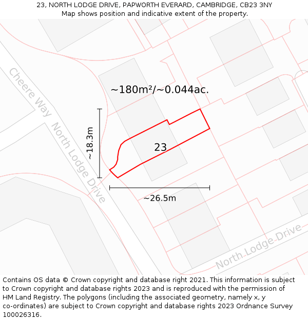 23, NORTH LODGE DRIVE, PAPWORTH EVERARD, CAMBRIDGE, CB23 3NY: Plot and title map