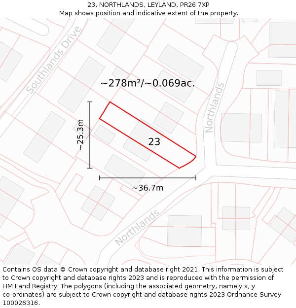 23, NORTHLANDS, LEYLAND, PR26 7XP: Plot and title map
