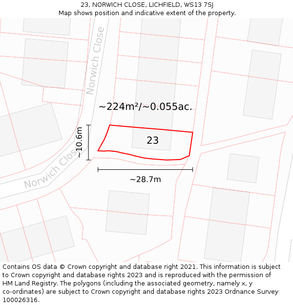 23, NORWICH CLOSE, LICHFIELD, WS13 7SJ: Plot and title map
