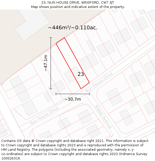 23, NUN HOUSE DRIVE, WINSFORD, CW7 3JT: Plot and title map