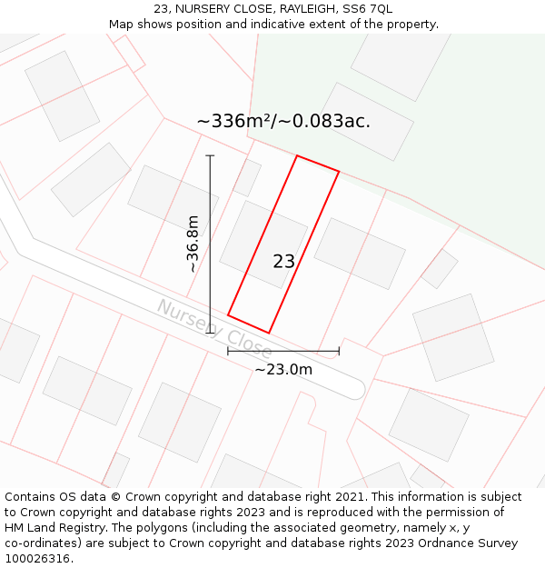 23, NURSERY CLOSE, RAYLEIGH, SS6 7QL: Plot and title map