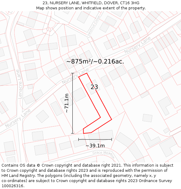 23, NURSERY LANE, WHITFIELD, DOVER, CT16 3HG: Plot and title map