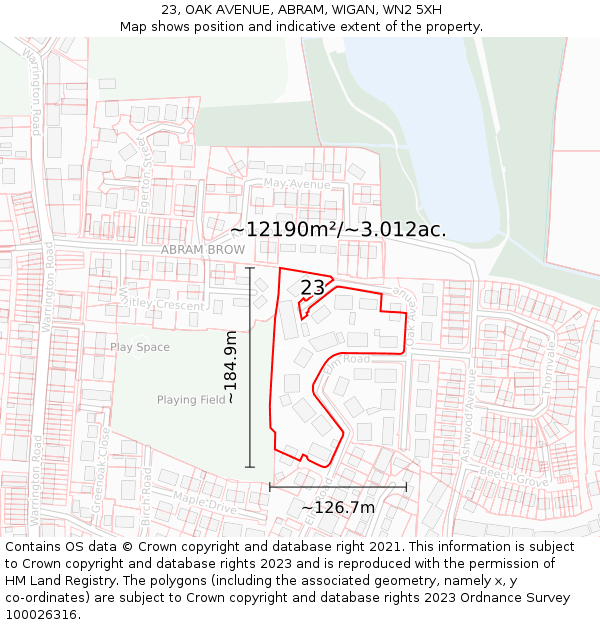 23, OAK AVENUE, ABRAM, WIGAN, WN2 5XH: Plot and title map