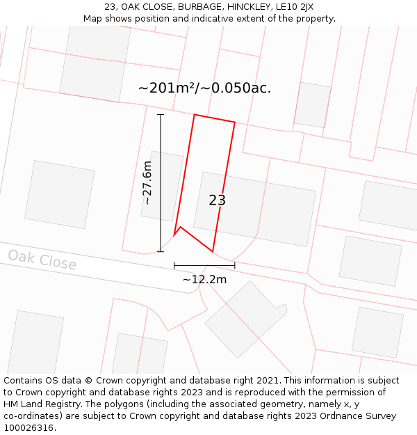 23, OAK CLOSE, BURBAGE, HINCKLEY, LE10 2JX: Plot and title map