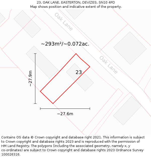 23, OAK LANE, EASTERTON, DEVIZES, SN10 4PD: Plot and title map
