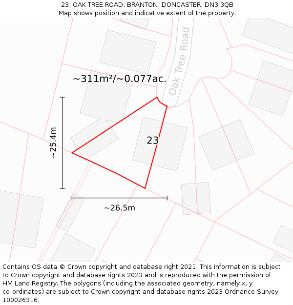 23, OAK TREE ROAD, BRANTON, DONCASTER, DN3 3QB: Plot and title map