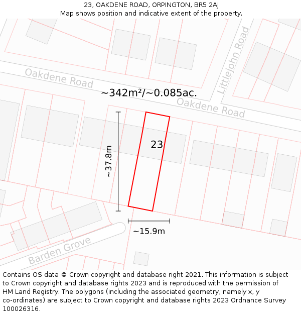 23, OAKDENE ROAD, ORPINGTON, BR5 2AJ: Plot and title map