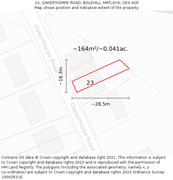 23, OAKERTHORPE ROAD, BOLEHILL, MATLOCK, DE4 4GP: Plot and title map