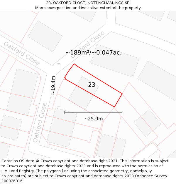 23, OAKFORD CLOSE, NOTTINGHAM, NG8 6BJ: Plot and title map