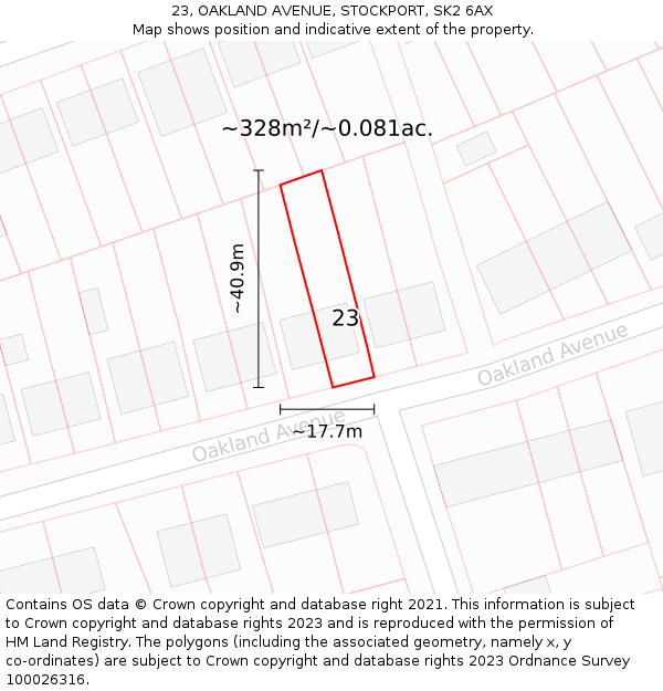 23, OAKLAND AVENUE, STOCKPORT, SK2 6AX: Plot and title map