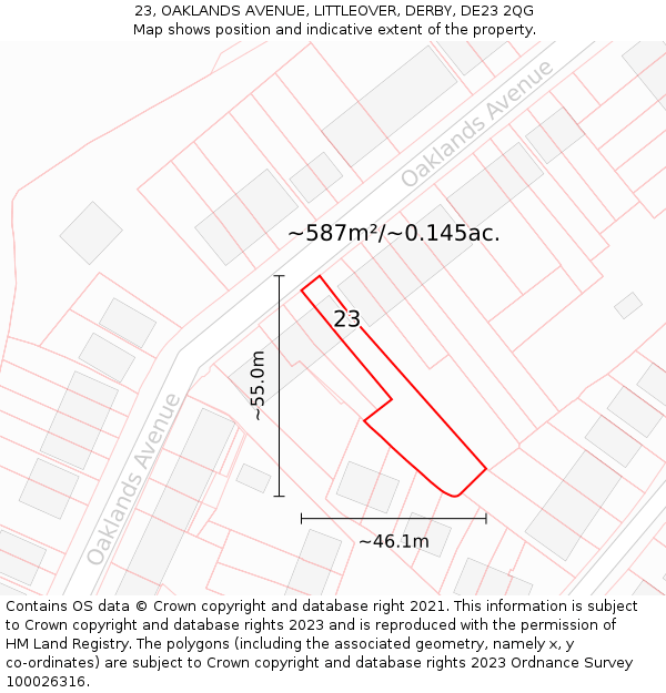 23, OAKLANDS AVENUE, LITTLEOVER, DERBY, DE23 2QG: Plot and title map