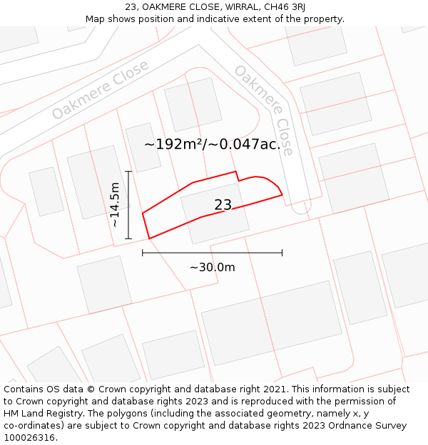 23, OAKMERE CLOSE, WIRRAL, CH46 3RJ: Plot and title map