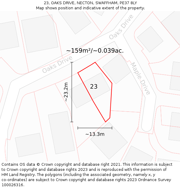 23, OAKS DRIVE, NECTON, SWAFFHAM, PE37 8LY: Plot and title map