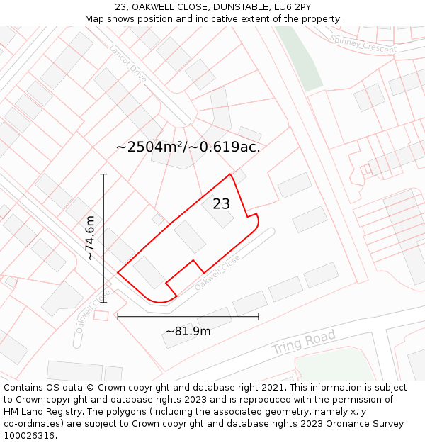 23, OAKWELL CLOSE, DUNSTABLE, LU6 2PY: Plot and title map