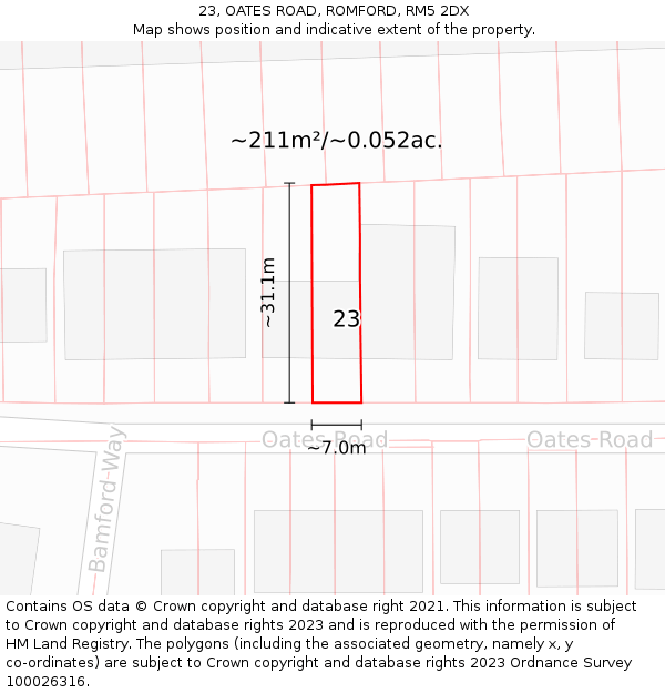 23, OATES ROAD, ROMFORD, RM5 2DX: Plot and title map