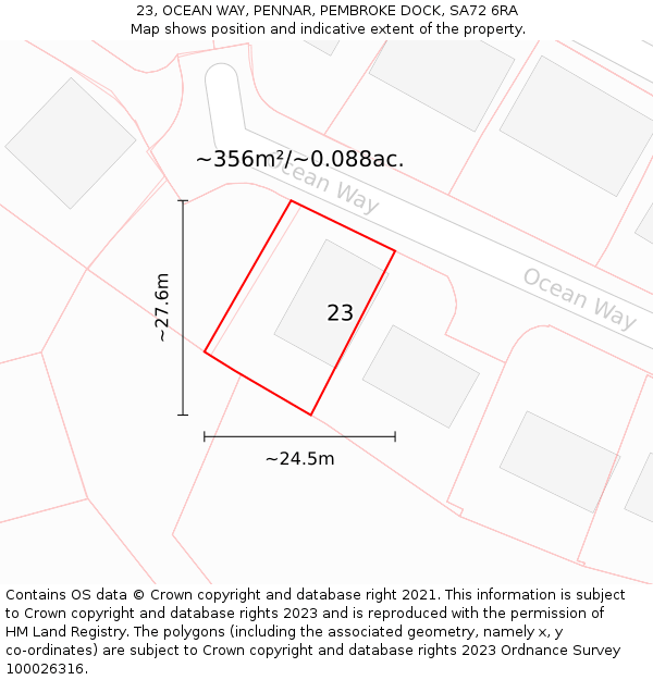 23, OCEAN WAY, PENNAR, PEMBROKE DOCK, SA72 6RA: Plot and title map