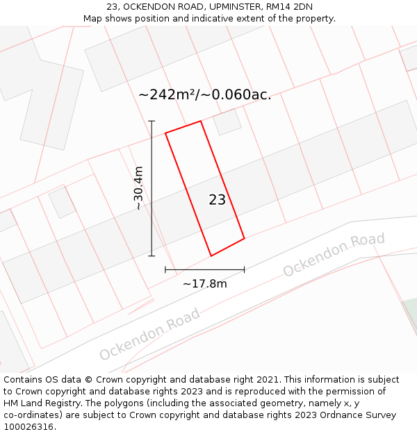 23, OCKENDON ROAD, UPMINSTER, RM14 2DN: Plot and title map