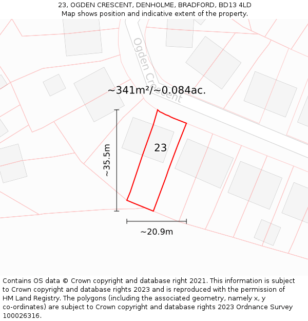 23, OGDEN CRESCENT, DENHOLME, BRADFORD, BD13 4LD: Plot and title map