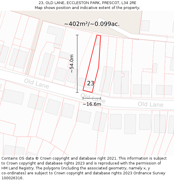 23, OLD LANE, ECCLESTON PARK, PRESCOT, L34 2RE: Plot and title map