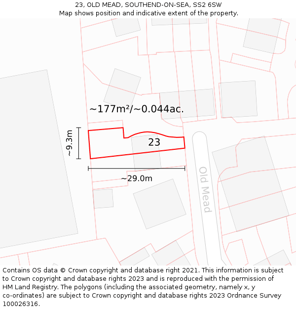 23, OLD MEAD, SOUTHEND-ON-SEA, SS2 6SW: Plot and title map