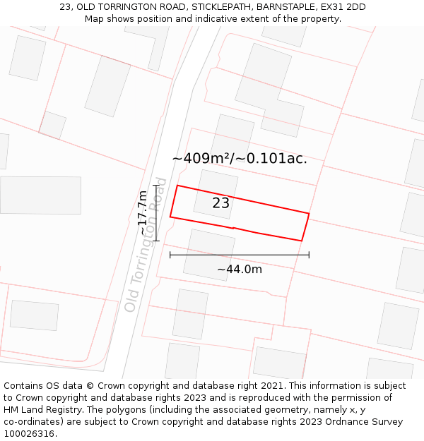 23, OLD TORRINGTON ROAD, STICKLEPATH, BARNSTAPLE, EX31 2DD: Plot and title map