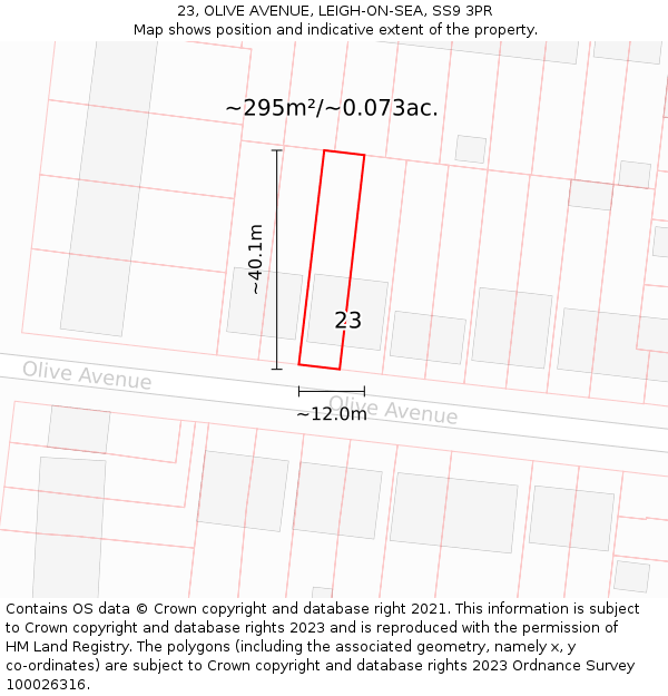 23, OLIVE AVENUE, LEIGH-ON-SEA, SS9 3PR: Plot and title map