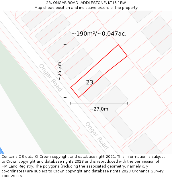 23, ONGAR ROAD, ADDLESTONE, KT15 1BW: Plot and title map