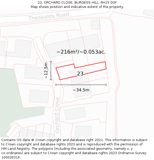 23, ORCHARD CLOSE, BURGESS HILL, RH15 0GF: Plot and title map