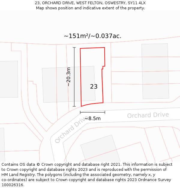 23, ORCHARD DRIVE, WEST FELTON, OSWESTRY, SY11 4LX: Plot and title map