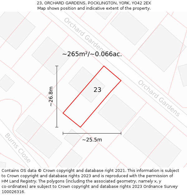 23, ORCHARD GARDENS, POCKLINGTON, YORK, YO42 2EX: Plot and title map
