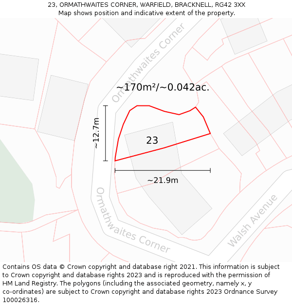 23, ORMATHWAITES CORNER, WARFIELD, BRACKNELL, RG42 3XX: Plot and title map