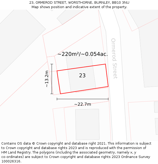 23, ORMEROD STREET, WORSTHORNE, BURNLEY, BB10 3NU: Plot and title map