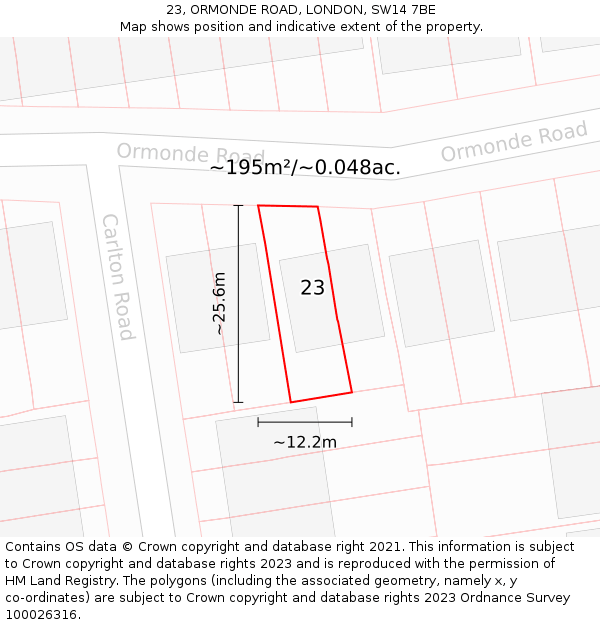 23, ORMONDE ROAD, LONDON, SW14 7BE: Plot and title map