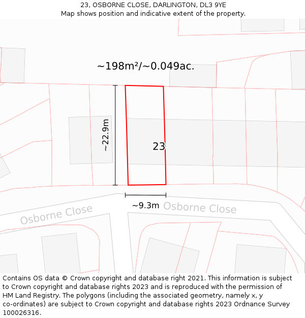 23, OSBORNE CLOSE, DARLINGTON, DL3 9YE: Plot and title map