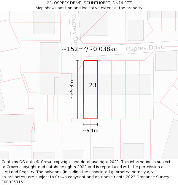 23, OSPREY DRIVE, SCUNTHORPE, DN16 3EZ: Plot and title map