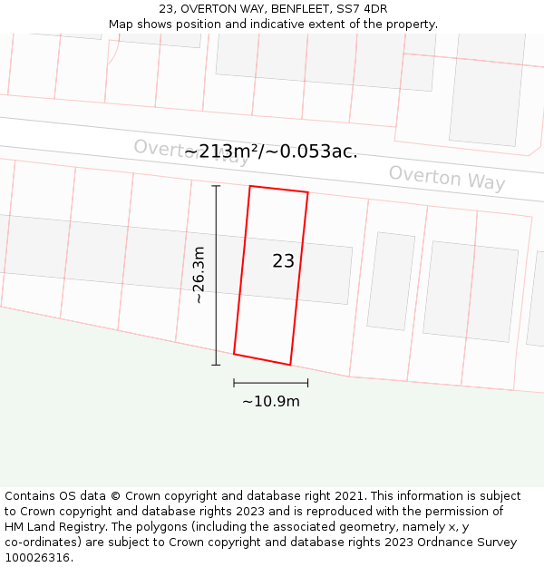 23, OVERTON WAY, BENFLEET, SS7 4DR: Plot and title map