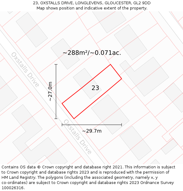 23, OXSTALLS DRIVE, LONGLEVENS, GLOUCESTER, GL2 9DD: Plot and title map