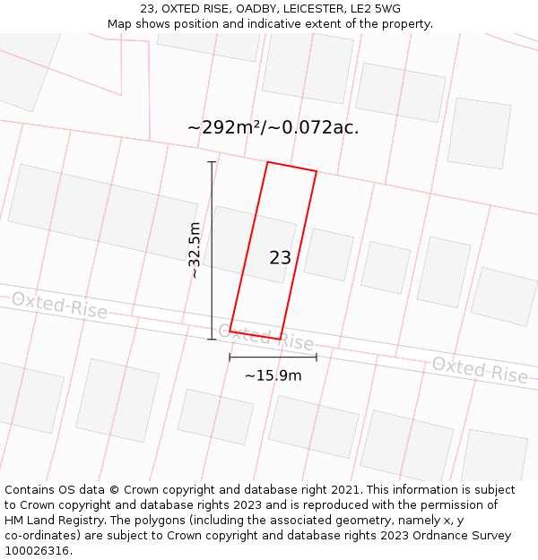 23, OXTED RISE, OADBY, LEICESTER, LE2 5WG: Plot and title map