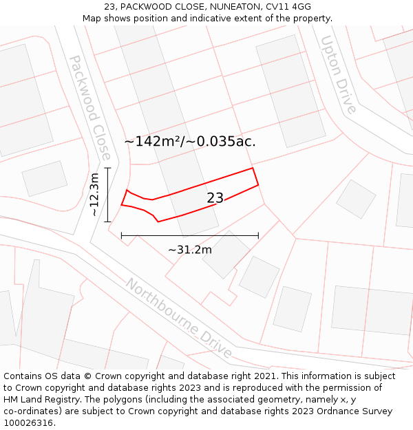 23, PACKWOOD CLOSE, NUNEATON, CV11 4GG: Plot and title map