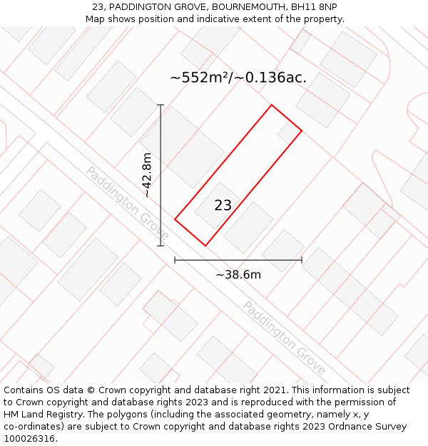 23, PADDINGTON GROVE, BOURNEMOUTH, BH11 8NP: Plot and title map