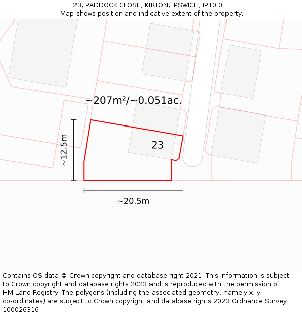 23, PADDOCK CLOSE, KIRTON, IPSWICH, IP10 0FL: Plot and title map